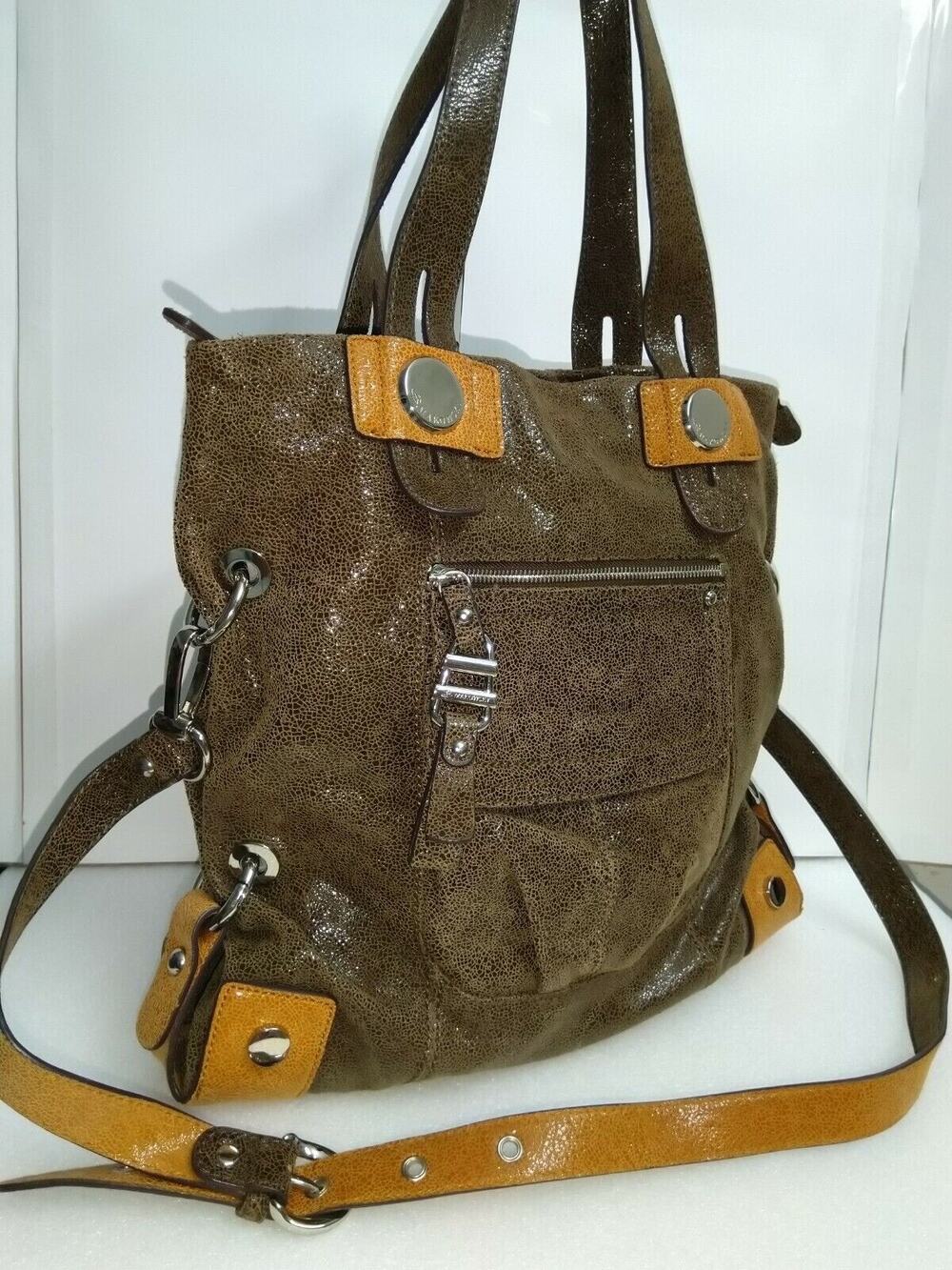 B. Makowsky Brown Metallic Leather Large Satchel Shoulder Bag